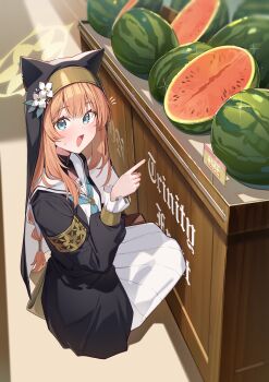 1girl absurdres animal_ears armlet black_coat black_veil blue_archive blue_eyes blush cat_ears cat_girl coat dress food fruit gold_armlet highres index_finger_raised long_hair looking_at_viewer mari_(blue_archive) muo_(muojjang_0929) nun open_mouth orange_hair pointing smile solo veil watermelon white_dress