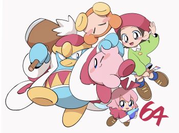 Rule 34 | 2girls, adeleine, beret, black hair, blue eyes, coat, colored skin, crystal, hammer, hat, highres, holding, holding crystal, holding hammer, holding paintbrush, king dedede, kirby, kirby (series), kirby 64, multiple girls, nintendo, one eye closed, paintbrush, pink hair, pink skin, red coat, red hat, ribbon (kirby), simple background, smile, tako (katw4223), waddle dee, white background