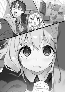 1boy 2girls apron ascot blurry blush bookshelf bow bowtie buta_koushaku chair charlotte_lily_hughjack chestnut_mouth collared_dress collared_shirt constricted_pupils dress from_above furrowed_brow greyscale hair_ornament hair_ribbon highres hooded_robe indoors juliet_sleeves long_hair long_sleeves looking_at_viewer maid maid_apron maid_headdress messy_room mint_(buta_koushaku) monochrome multiple_girls multiple_views nauribon non-web_source novel_illustration official_art open_mouth own_hands_clasped own_hands_together portrait puffy_long_sleeves puffy_sleeves raised_inner_eyebrows ribbon robe school_uniform shirt short_hair sidelocks slow_denning standing surprised sweat table tareme teeth thick_eyebrows two_side_up upper_body v-shaped_eyebrows very_long_hair wavy_hair wide-eyed wide_shot window