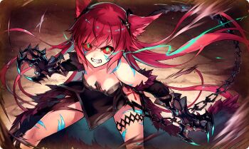 Rule 34 | 1girl, animal ears, bare shoulders, black dress, cat ears, cat girl, chain, commentary, dress, floating hair, gauntlets, glowing, glowing eyes, glowing scar, long hair, official art, outdoors, red eyes, red hair, sharp teeth, solo, strapless, strapless dress, ta ga tame no alchemist, teeth, thigh strap, third-party source, zwei (ta ga tame no alchemist)