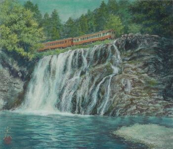 absurdres cliff highres no_humans original painting_(medium) river scenery summer tanamachi_yoshihiro traditional_media train tree water waterfall