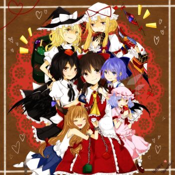 Rule 34 | 6+girls, affectionate harem, anger vein, ark tr, box, box of chocolates, candy, chocolate, cirno, food, gap (touhou), gift, gift box, group picture, hair ribbon, hakurei reimu, happy valentine, hat, hat ribbon, heart, highres, holding, holding box, holding chocolate, holding food, holding gift, holding popsicle, ibuki suika, jewelry, kirisame marisa, looking at another, mob cap, multiple girls, popsicle, remilia scarlet, ribbon, ring, shameimaru aya, short hair, smile, stare down, touhou, wings, yakumo yukari, yuri