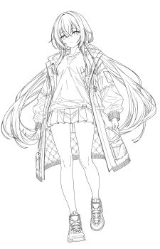 1girl absurdres arazand artist_logo breasts collarbone double-parted_bangs expressionless full_body hair_between_eyes head_tilt highres jacket lineart logo long_hair long_sleeves medium_breasts monochrome open_clothes open_jacket original pantyhose pleated_skirt puffy_long_sleeves puffy_sleeves shadow shirt shoes sidelocks simple_background skirt sneakers solo standing standing_on_one_leg white_background