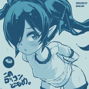 1girl ;o backbeako_(torotei) backbeard blue_background blue_theme blush breasts buruma buruma_pull clothes_pull commentary dated dated_commentary gegege_no_kitarou gym_shirt gym_uniform hair_over_one_eye hair_ribbon kono_lolicon_domome leaning_forward loli long_hair looking_at_viewer monochrome one_eye_closed original paid_reward_available parted_lips pointy_ears ribbon shirt simple_background small_breasts solo sweat torotei translated twintails watermark web_address