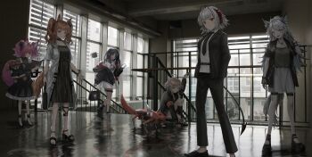 6+girls absurdres akatone alternate_costume angelina_(arknights) animal_ears arknights black_dress black_hair black_jacket black_necktie book brown_eyes brown_hair cellphone closure_(arknights) coat commentary_request demon_girl demon_horns doll dress formal_clothes fox_ears fox_girl fox_tail grey_eyes highres horns jacket lambda_(arknights) lappland_(arknights) long_hair material_growth mayer_(arknights) meeboo_(arknights) morte_(arknights) multiple_girls necktie oripathy_lesion_(arknights) pants phone pointy_ears purple_hair red_eyes robot shamare_(arknights) shirt short_hair short_sleeves skirt smartphone suit tail twintails w_(arknights) white_coat white_hair white_shirt white_skirt wolf_ears wolf_girl wolf_tail