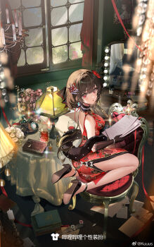 1girl :o alcohol backless_dress backless_outfit bare_back bare_legs bare_shoulders bead_bracelet beads black_footwear black_gloves black_shawl book book_stack border bracelet brown_hair candle candlestand chair chandelier character_request china_dress chinese_clothes chinese_commentary commentary_request copyright_request cup curtains dress drinking_glass eyelashes fire floral_print flower flower_knot full_body fur_shawl gloves hair_flower hair_ornament hair_ribbon high_heels highres holding holding_paper indoors jewelry kneeling kuuus lamp light_blush on_chair open_mouth paper paper_stack quill red_dress red_eyes red_flower red_ribbon ribbon shawl short_dress short_hair sleeveless sleeveless_dress solo sparkle stiletto_heels table tablecloth watermark weibo_watermark wooden_floor