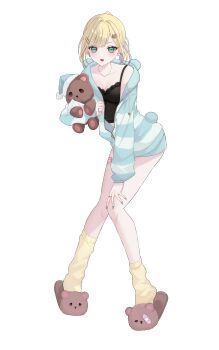 1girl absurdres animal_slippers aqua_nails aqua_shorts asymmetrical_legwear black_bra blonde_hair bra breasts brown_slippers cleavage fang full_body green_eyes highres jacket jewelry kurumi_noah leaning_forward looking_at_viewer medium_breasts multicolored_hair necklace open_clothes open_jacket open_mouth purple_hair ring short_hair short_shorts shorts simple_background slippers socks solo stuffed_toy two-tone_hair udn_hnt underwear uneven_legwear virtual_youtuber vspo! white_background yellow_socks