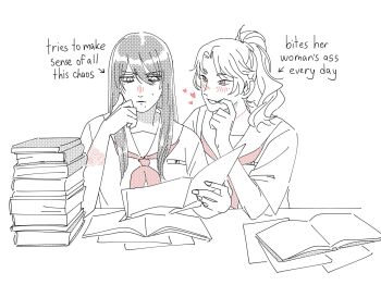 2girls blush book book_stack bruise bruise_on_arm commentary english_commentary fang genderswap genderswap_(mtf) greyscale heart highres hikaru_ga_shinda_natsu holding holding_book indou_hikaru injury long_hair looking_at_another mole mole_under_eye mole_under_mouth monochrome multiple_girls neckerchief omoidori pink_eyes ponytail red_neckerchief scar scar_on_neck school_uniform serafuku smile spot_color tsujinaka_yoshiki yuri