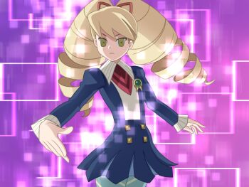 1girl blonde_hair blue_dress blue_pantyhose bow dress drill_hair em_wave_change_(mega_man) green_eyes hair_bow henshin k0n0n long_hair luna_platz_(mega_man) mega_man_(series) mega_man_star_force_(series) mind_control pantyhose purple_background striped_clothes striped_pantyhose twin_drills very_long_hair