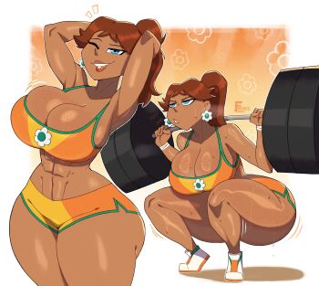 1girl abs adjusting_hair armpits ass bare_shoulders blue_eyes brown_hair cowboy_shot dark-skinned_female dark_skin earrings exercising flower_earrings freckles_on_breasts full_body furious_art gradient_background grin huge_ass jewelry long_hair looking_at_viewer mario_(series) mouth_hold multiple_views nintendo one_eye_closed orange_shorts ponytail princess_daisy shoes shorts smile sneakers sports_bra sportswear squatting standing sweat teeth thick_thighs thighs weightlifting weights wide_hips wink wristband