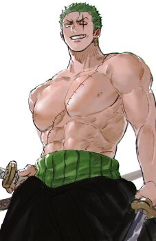 Rule 34 | 1boy, abs, black pants, commentary, cowboy shot, earrings, english commentary, green hair, haramaki, highres, holding, holding sword, holding weapon, jewelry, katana, looking at viewer, male focus, mcbuckwheat, muscular, muscular male, one eye closed, one piece, pants, parted lips, pectorals, roronoa zoro, scar, scar across eye, scar on chest, scar on face, short hair, solo, sword, topless male, weapon, white background