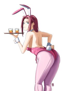 1girl animal_ears ass automatic_giraffe backless_leotard bare_shoulders blue_eyes bow bowtie breasts code_geass commentary cup detached_collar drinking_glass english_commentary fake_animal_ears fake_tail from_behind highleg highleg_leotard highres holding holding_tray kouzuki_kallen leaning_forward leotard looking_at_viewer medium_breasts official_alternate_costume pantyhose pink_leotard pink_pantyhose playboy_bunny rabbit_ears rabbit_tail red_hair short_hair solo standing strapless strapless_leotard tail traditional_bowtie tray white_background wrist_cuffs