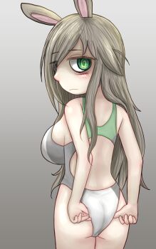 1girl absurdres adjusting_clothes adjusting_swimsuit animal_ears ass back_cutout bags_under_eyes bare_shoulders blonde_hair breasts closed_mouth clothing_cutout expressionless eyes_visible_through_hair from_behind green_eyes hair_over_one_eye highres huge_breasts long_hair mentha_(menthalovely) one-piece_swimsuit original petite rabbit_ears sideboob swimsuit