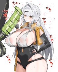 1girl absurdres ahoge animal_penis areola_slip asymmetrical_gloves bestiality black_leotard blush breasts closed_mouth clothing_cutout covered_erect_nipples covered_navel cowboy_shot cropped_jacket elbow_gloves ethereal_(zenless_zone_zero) eyelashes fingerless_gloves gloves green_penis grey_hair hair_ornament hairclip hand_on_own_hip hand_up handjob highres hip_vent horn/wood horse_penis huge_breasts huge_penis jacket large_areolae leotard long_hair looking_at_penis open_clothes open_jacket penis simple_background single_hair_intake skindentation sleeveless sleeveless_jacket sound_effects sweatdrop testicles thighs veins veiny_penis very_long_hair white_background yixuan_(zenless_zone_zero) zenless_zone_zero