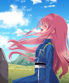 1girl absurdres blue_pants blue_shirt blue_sky closed_eyes cloud commentary crying day feet_out_of_frame field floating_hair from_side hair_intakes hanako_nana highres long_hair long_sleeves military_uniform open_mouth outdoors pants pink_hair profile shirt simsini sitting sky solo stellive streaming_tears symbol-only_commentary tears virtual_youtuber