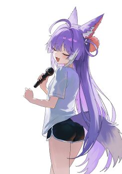 1girl absurdres ahoge animal_ears ass black_shorts choppy_bangs closed_eyes commentary_request cowboy_shot dolphin_shorts fang fox_ears fox_girl fox_tail hair_intakes hair_ornament hand_up highres holding holding_microphone korean_commentary long_hair microphone multicolored_hair music nbee_ya open_mouth pom_pom_(clothes) pom_pom_hair_ornament purple_hair purple_tail shirt short_shorts short_sleeves shorts simple_background singing smile solo standing stellive streaked_hair tail tenko_shibuki very_long_hair virtual_youtuber white_background white_shirt