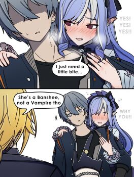 1girl 2boys black_shirt blonde_hair blue_hair blue_jacket blush breath clothes_grab commentary dorahdew english_commentary fang flustered frilled_sleeves frills grabbing_another's_shirt grabbing_from_behind grey_eyes grey_hair hairdressing highres hug hug_from_behind hugo_vlad jacket multiple_boys pointy_ears red_eyes shirt speech_bubble thought_bubble vivian_banshee white_background wise_(zenless_zone_zero) zenless_zone_zero