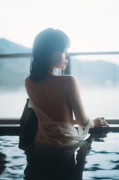 Rule 34 | 1girl, asian, back, chinese (nationality), chunmomo0127, closed mouth, highres, in water, indoors, jewelry, looking back, loose clothes, loose shirt, necklace, photo (medium), pool, real life, shirt, water, wet, wet clothes, wet shirt, white shirt