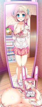 1girl :&lt; absurdres akaza animal_slippers bare_legs bare_shoulders blonde_hair blouse blue_eyes blunt_bangs blush book bookshelf bow bowtie bra bra_pull bra_strap breasts bunny_slippers buttons camera_phone carpet cellphone change!_ano_ko_ni_natte_kunkun_peropero change!_ano_musume_ni_natte_kunkun_peropero chestnut_mouth cleavage clothes_pull door downblouse eyebrows eyepatch female_focus female_pov fingernails full_body gender_request genderswap hair_ornament hair_scrunchie highres holding holding_phone indoors kinumura_ui large_breasts legs_together long_fingernails long_sleeves looking_at_viewer may-be_soft miniskirt mirror mirror_selfie nipples no_socks nose_blush off_shoulder one_breast_out open_mouth phone pink_bra pink_skirt pleated_skirt polka_dot pov pov_breasts puffy_nipples red_bow red_bowtie reflection rug scrunchie selfie shiny_skin shirt shirt_pull short_hair skirt slippers smartphone_case smiley_face solo standing strap_gap strap_slip stuffed_animal stuffed_toy thigh_gap two_side_up underwear undressing unmoving_pattern viewfinder wallpaper_(object) white_shirt wooden_floor |_|