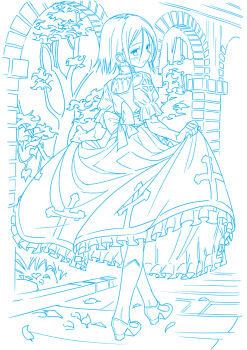 1girl arch blue_theme blush commentary_request cross cross_print dress full_body leaf light_smile looking_at_viewer looking_back monochrome okuribi original short_hair skirt_hold solo walking