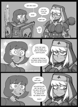 2girls absurdres adepta_sororitas aged_up armor boobplate book breastplate candle dual_persona english_text excited for_the_better_right?_(meme) habit highres holding holding_book lazer_groove meme multiple_girls power_armor scar scar_across_eye scar_on_face skull_print speech_bubble star_wars time_travel vanripper_(style) warhammer_40k worried