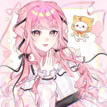 Rule 34 | 1girl, :3, absurdres, ahoge, animal, bare shoulders, belt, black belt, black bow, black eyes, black ribbon, border, bow, bow choker, bowtie, bra strap, brown eyes, buttons, cat, chinese commentary, choker, cloak, closed mouth, clothed animal, commentary request, cowboy shot, ear covers, eyelashes, facial mark, frilled shirt, frilled skirt, frills, hair bow, hair ribbon, halftone, hand on own chin, happy, highres, hood, hood up, hooded cloak, infinity nikki, layered skirt, light blush, light particles, lips, long hair, long sidelocks, low twintails, momo (nikki), navel, nikki (nikki), nikki (series), off-shoulder shirt, off shoulder, open mouth, orzhu055, outside border, perfect start (infinity nikki), pink border, pink bow, pink bowtie, pink choker, pink hair, pink skirt, procreate (medium), red bow, red bowtie, ribbon, shirt, sidelocks, single stripe, skirt, smile, snowflakes, sparkle, standing, striped bow, striped bowtie, striped choker, striped clothes, tress ribbon, twintails, very long hair, wavy hair, whisker markings, white background, white cat, white shirt, white skirt, yellow cloak