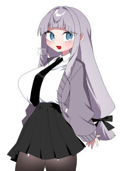 :d absurdres arched_bangs black_necktie black_pantyhose black_skirt blue_eyes blunt_bangs blush breasts cardigan center-flap_bangs collared_shirt commentary_request cowboy_shot happy highres huge_breasts long_hair long_sidelocks looking_at_viewer necktie oimotororo1116 open_cardigan open_clothes open_mouth original pantyhose pleated_skirt purple_cardigan purple_hair school_uniform shirt sidelocks signature simple_background skirt smile standing tachibana_(oimotororo1116) thick_eyelashes white_background white_shirt