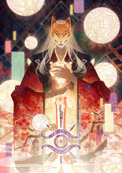 Rule 34 | 3boys, 3girls, absurdres, blood, bloody knife, branch, commentary request, dark skin, death, eye symbol, flower, flower knot, fox mask, glowing, grey hair, hair flower, hair ornament, hair stick, hands on another&#039;s face, hands up, hanged, hanging from tree, highres, holding, holding knife, japanese clothes, kataginu, kimono, kitchen knife, knife, lipstick, long hair, long sleeves, makeup, mask, mole, mole under eye, mononoke, multiple boys, multiple girls, nihongami, noose, noppera-bou (mononoke), ochou, orange eyes, orb, pointy ears, print kimono, red flower, red kimono, rice-fanfan, smoke