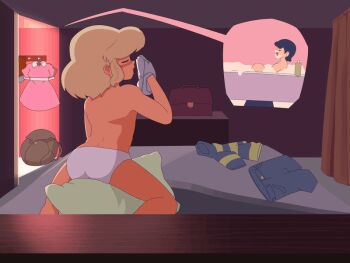 1girl animated animated_gif ass baseball_cap bath bed bedroom black_hair blonde_hair blue_shorts blush closed_eyes crotch_rub curtains denim denim_shorts dress female_masturbation flat_chest from_behind hat hetero holding holding_unworn_clothes loli male_underwear masturbation mother_(series) mother_2 ness_(mother_2) nintendo on_bed open_mouth panties partially_submerged paula_(mother_2) pillow pillow_humping pink_dress red_hat rommi shampoo_bottle shirt short_hair shorts shota sitting smelling_clothes smile soap_bubbles speech_bubble striped_clothes striped_shirt topless_female underwear unworn_dress unworn_hat unworn_headwear unworn_shirt unworn_shorts white_briefs white_male_underwear white_panties yellow_shirt