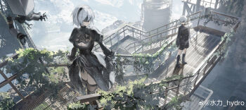 1boy 1girl 2b_(nier:automata) 9s_(nier:automata) absurdres black_dress black_gloves black_jacket black_shoes black_shorts blindfold cleavage_cutout clothing_cutout dress gloves highres jacket nier:automata nier_(series) pod_(nier:automata) puffy_sleeves qiangjitong shoes shorts stairs watermark weibo_username weibo_watermark white_hair