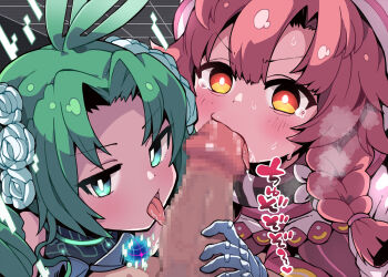 1boy 2girls antenna_hair aqua_eyes braid censored close-up commentary_request commission cooperative_fellatio cotton_izanai&#039;s_prophecy drooling duel_masters duel_masters_play&#039;s erection es_(eisis) fellatio flower gloves green_hair hair_flower hair_ornament highres kiriko_(duel_masters) large_penis looking_at_viewer mosaic_censoring multiple_girls open_mouth oral orange_eyes penis pink_hair side_braid skeb_commission sound_effects sweatdrop teamwork_(sexual) tears tongue tongue_out white_gloves