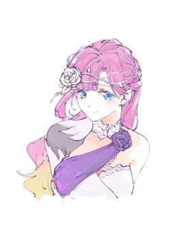 1girl anyoji_hime blue_eyes braid breasts closed_mouth cropped_torso dress flower hair_flower hair_ornament half_up_braid half_updo highres l9525 link!_like!_love_live! looking_at_viewer love_live! medium_breasts rose simple_background single-shoulder_dress single_bare_shoulder smile solo virtual_youtuber white_background white_dress white_flower white_rose yuki_mau_sora_to_nibyou_no_eien