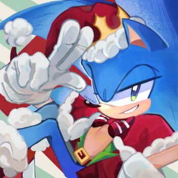 1boy christmas commentary english_commentary furry furry_male green_eyes grin hat highres looking_at_viewer salute santa_costume santa_hat sereon_tea smile solo sonic_(series) sonic_the_hedgehog striped_background two-finger_salute