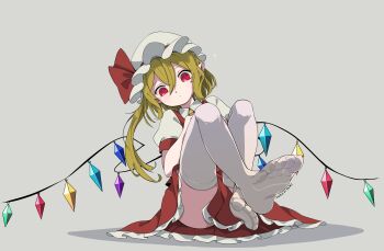 1girl :&lt; absurdres artistic_error blonde_hair closed_mouth commentary_request cowboy_shot dated double-parted_bangs expressionless feet flandre_scarlet full_body grey_background hair_between_eyes hat hat_ribbon highres long_hair looking_at_viewer mob_cap pointy_ears puffy_short_sleeves puffy_sleeves red_eyes red_ribbon red_skirt red_vest ribbon shirt short_sleeves sitting skirt solo tami_(joemanyodw) thighhighs thighs touhou vest white_hat white_shirt white_thighhighs wings wrong_foot
