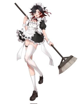 Rule 34 | 1boy, apron, black hair, black shirt, black shoes, black skirt, broom, commentary request, crossdressing, crossdressing (mtf), frilled sleeves, frills, full body, glasses, highres, long legs, looking at viewer, maid, maid apron, maid headdress, male focus, male maid, medium hair, miniskirt, morinosuke, multicolored hair, original, panties, panty peek, red hair, shirt, shoes, simple background, single thighhigh, skirt, smile, socks, solo, standing, thighhighs, trap, two-tone hair, underwear, white background, white panties, white socks