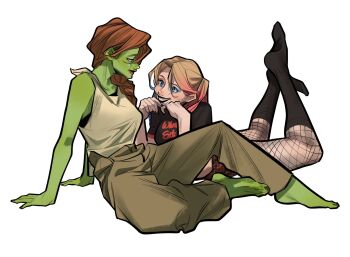 2girls bare_arms bare_shoulders barefoot batman_(series) black_shirt black_socks blonde_hair blue_eyes blue_eyeshadow braid breasts brown_hair brown_pants colored_skin dc_comics eyeshadow fishnet_pantyhose fishnets gradient_hair green_skin hair_between_eyes hair_over_shoulder harley_quinn highres irispardom looking_at_another lying makeup medium_breasts multicolored_hair multiple_girls on_stomach pants pantyhose parted_bangs parted_lips pink_eyeshadow pink_hair poison_ivy print_shirt red_lips shirt single_braid sitting smile socks teeth twintails white_background white_shirt