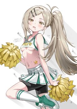 1girl absurdres black_shorts breasts cheerleader drooling gakuen_idolmaster highres idolmaster knee_up loli long_hair looking_at_viewer navel orange_eyes pleated_skirt pom_pom_(cheerleading) ponytail shinosawa_hiro shorts shorts_under_skirt simple_background skirt small_breasts solo white_background white_skirt yoi_don