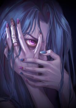 1girl absurdres arcane:_league_of_legends black_background blue_nails chinese_commentary commentary_request crying crying_with_eyes_open curtained_hair fingernails green_hair hair_over_one_eye hand_on_own_face hands_up heibai_bangbing highres jinx_(league_of_legends) league_of_legends long_fingernails long_hair missing_finger multicolored_nails nail_polish nose one_eye_covered pink_eyes pink_nails portrait prosthesis prosthetic_finger signature simple_background solo tears two-tone_nails