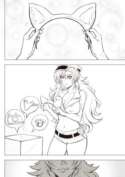 animal_ear_hairband animal_ears bell belt black_belt bleach bleach:_sennen_kessen-hen blush breasts candice_catnipp cat_ear_hairband cat_ear_panties cat_ears cleavage clothing_cutout fake_animal_ears gloves hairband hat highres licking_lips long_hair military_hat mistowing monochrome navel panties quincy_(bleach) tongue tongue_out underwear v-shaped_eyebrows