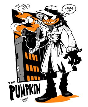 absurdres aiming black_pants black_shoes city cityscape coat commentary deerstalker detective detective_pumpkin english_commentary gloves gun halloween handgun hat highres holding holding_gun holding_weapon jack-o'-lantern limited_palette long_sleeves looking_at_viewer necktie open_mouth original pants pumpkin rariatto_(ganguri) revision shirt shoes signature smoke smoke_trail solo weapon