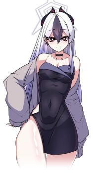 1girl bare_shoulders black_choker black_dress black_hair black_horns blue_archive breasts bright_pupils choker closed_mouth collarbone commentary_request covered_navel cowboy_shot demon_horns double-parted_bangs dress ear_piercing evening_gown grey_halo grey_jacket hair_between_eyes halo hand_on_own_hip highres horns jacket kayoko_(blue_archive) kayoko_(dress)_(blue_archive) korean_commentary lazy_ant long_hair long_sleeves looking_at_viewer medium_breasts mole mole_on_collarbone multicolored_hair off_shoulder official_alternate_costume pear-shaped_figure piercing red_eyes shiny_skin side_slit simple_background sleeves_past_wrists solo straight-on thick_eyelashes thick_thighs thighs white_background white_hair white_pupils wide_hips