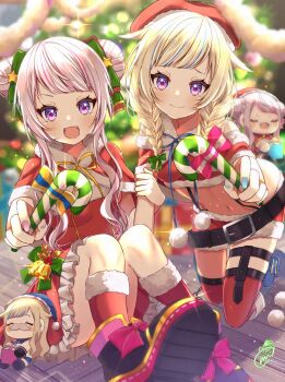 2girls bell belt black_belt blonde_hair blue_hair blue_nails blue_ribbon blurry blurry_background bow bowtie box braid candy candy_cane capelet character_doll christmas christmas_ornaments christmas_tree closed_mouth doll double_bun dress fake_facial_hair fake_mustache fangs food footwear_bow frilled_dress frills fur-trimmed_capelet fur-trimmed_crop_top fur-trimmed_dress fur-trimmed_headwear fur-trimmed_legwear fur-trimmed_shorts fur_trim gift gift_box green_bow green_bowtie green_ribbon hair_bow hair_bun hair_flaps hair_ornament hair_ribbon hat highres holding holding_another's_arm holding_candy holding_candy_cane holding_food holly kneehighs kneeling long_sidelocks low_twin_braids multicolored_hair multiple_girls nail_polish navel open_mouth original pink_hair pink_nails pom_pom_(clothes) purple_eyes red_capelet red_dress red_hair red_hat red_thighhighs ribbon ruu_hh santa_costume santa_dress shoes shorts sidelocks sitting socks star_(symbol) star_hair_ornament streaked_hair thigh_strap thighhighs twin_braids wooden_floor yellow_ribbon