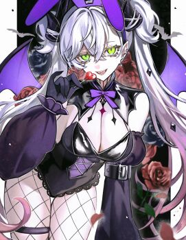 1girl alternate_costume animal_ears black_hands body_markings breasts candy cleavage colored_extremities crossed_bangs demon_girl demon_horns demon_wings detached_collar detached_sleeves diandao_qin ear_piercing fake_animal_ears fangs fate/grand_order fate_(series) fishnet_pantyhose fishnets food green_eyes grey_hair hair_around_horn halloween halloween_costume highres horns leotard lilith_(fate) lollipop long_hair looking_at_viewer pantyhose piercing pointy_ears rabbit_ears smile solo strapless strapless_leotard twintails very_long_hair wings