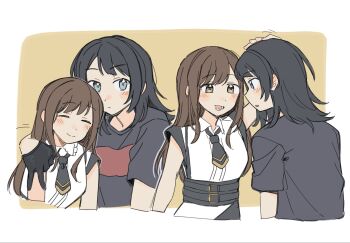 Rule 34 | 2girls, bang dream!, bang dream! it's mygo!!!!!, black gloves, black hair, black necktie, black shirt, blue eyes, border, brown eyes, brown hair, chinese commentary, closed eyes, closed mouth, commentary request, dress, gloves, hand on another's head, highres, jenjen, medium hair, multiple girls, necktie, open mouth, shirt, simple background, smile, sumita mana, white border, white dress, yahata umiri, yellow background