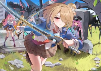 6+girls absurdres aikawa_megumi asakura_karen_(heaven_burns_red) black_cape black_socks blonde_hair blue_eyes blue_jacket breasts brown_hair brown_skirt building cape closed_mouth clothes_around_waist collared_shirt commentary_request grass green_eyes hair_over_one_eye hat heaven_burns_red highres holding holding_sword holding_weapon izumi_yuki_(heaven_burns_red) jacket jacket_around_waist kayamori_ruka kneehighs kunimi_tama loafers long_hair long_sleeves looking_at_viewer medium_hair miniskirt multiple_girls necktie ookami_ookami outdoors pink_hair plaid_clothes plaid_skirt pleated_skirt pointing red_eyes red_necktie robot ruins running sailor_hat school_uniform shirt shoes short_hair skirt sky smile socks standing sword toujou_tsukasa weapon white_shirt