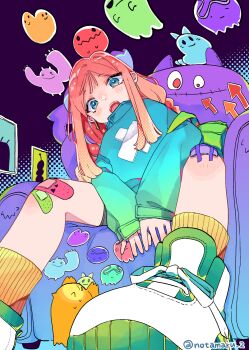 Rule 34 | 1girl, blue eyes, blue shirt, blush, commentary request, foot out of frame, green shoes, highres, long hair, long sleeves, looking at viewer, notamaru 2, open mouth, original, pink hair, ribbed socks, shirt, shoes, sitting, sneakers, socks, solo, yellow socks