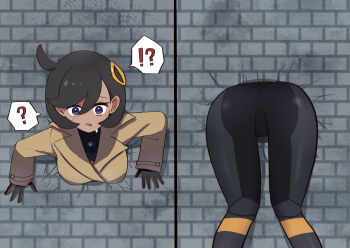 ass ass_focus black_hair bodysuit breasts brick_wall dark-skinned_female dark_skin emma_(pokemon) from_behind gloves hasu_175 jacket large_breasts nintendo pokemon pokemon_legends:_z-a purple_eyes short_hair through_wall