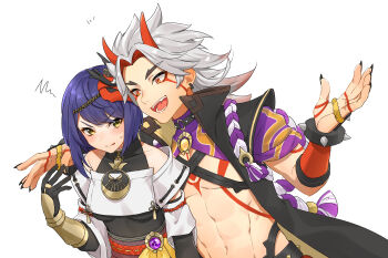 1boy 1girl abs absurdres arataki_itto bare_shoulders bird_mask black_bodysuit black_choker black_coat black_gloves black_nails blue_hair body_markings bodypaint bodysuit bracelet breast_curtain choker coat collared_coat commentary detached_sleeves earrings electro_symbol_(genshin_impact) facepaint fingernails genshin_impact geo_symbol_(genshin_impact) gloves gradient_hair highres horns japanese_clothes jewelry kujou_sara light_blush long_fingernails long_hair mask mask_on_head medium_hair multicolored_hair o-ring o-ring_choker oni open_clothes open_coat open_mouth red_eyes red_hair red_horns rope sharp_fingernails shimenawa simple_background spiked_bracelet spikes sweatdrop swept_bangs teeth toned toned_male tutimaru0730 two-tone_hair upper_body v-shaped_eyebrows vambraces vision_(genshin_impact) white_background white_hair yellow_eyes