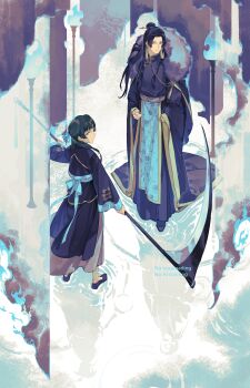 Rule 34 | 1boy, 1girl, absurdres, beads, blue coat, blue eyes, blue jacket, blue ribbon, blue robe, blue shoes, blunt bangs, chinese clothes, chinese hairpin, coat, earrings, flats, freckles, full body, fur-trimmed coat, fur trim, gold trim, green hair, hair beads, hair bun, hair ornament, hair ribbon, half updo, highres, holding, holding scythe, jacket, jewelry, jinshi (kusuriya no hitorigoto), kusuriya no hitorigoto, light smile, looking at viewer, maomao (kusuriya no hitorigoto), parted lips, pink eyes, purple hair, ribbon, robe, scythe, shoes, standing, tassel, tassel earrings, torch, tsubsa syaoin, wide sleeves