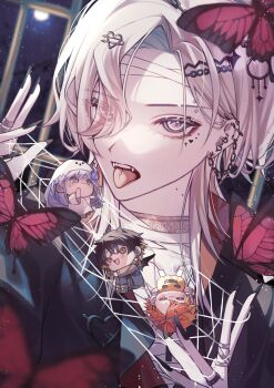 4boys absurdres bandaged_head bandaged_neck bandages barbell_piercing black_hair black_jacket black_nails blonde_hair bug butterfly chain chain_earrings chibi closed_eyes cross cross_facial_mark crying demon_horns demon_wings ear_piercing earrings eyebrow_cut eyebrow_piercing face_piercing facial_mark fang fangs fingernails full_moon ghost_costume hair_ornament hair_over_one_eye hairclip halloween_costume heart heart_facial_mark highres hitodama hizaki_gamma holostars horns industrial_piercing insect jacket jewelry light_particles long_fingernails long_hair long_sleeves looking_at_another looking_at_viewer male_focus minase_rio moon multicolored_hair multiple_boys neck_tattoo open_mouth orange_hair parted_bangs piercing pumpkin_costume purple_eyes purple_hair shirt short_hair silk skin_fang smile solo_focus spider_web streaked_hair tattoo tears teeth tongue tongue_out tongue_piercing two-tone_hair upper_teeth_only uproar_(holostars) upside-down utsugi_uyu vampire_bite virtual_youtuber white_eyes white_hair white_headwear white_shirt wings yatogami_fuma yellow_eyes yu_yu_(yuyuuuu99550771)